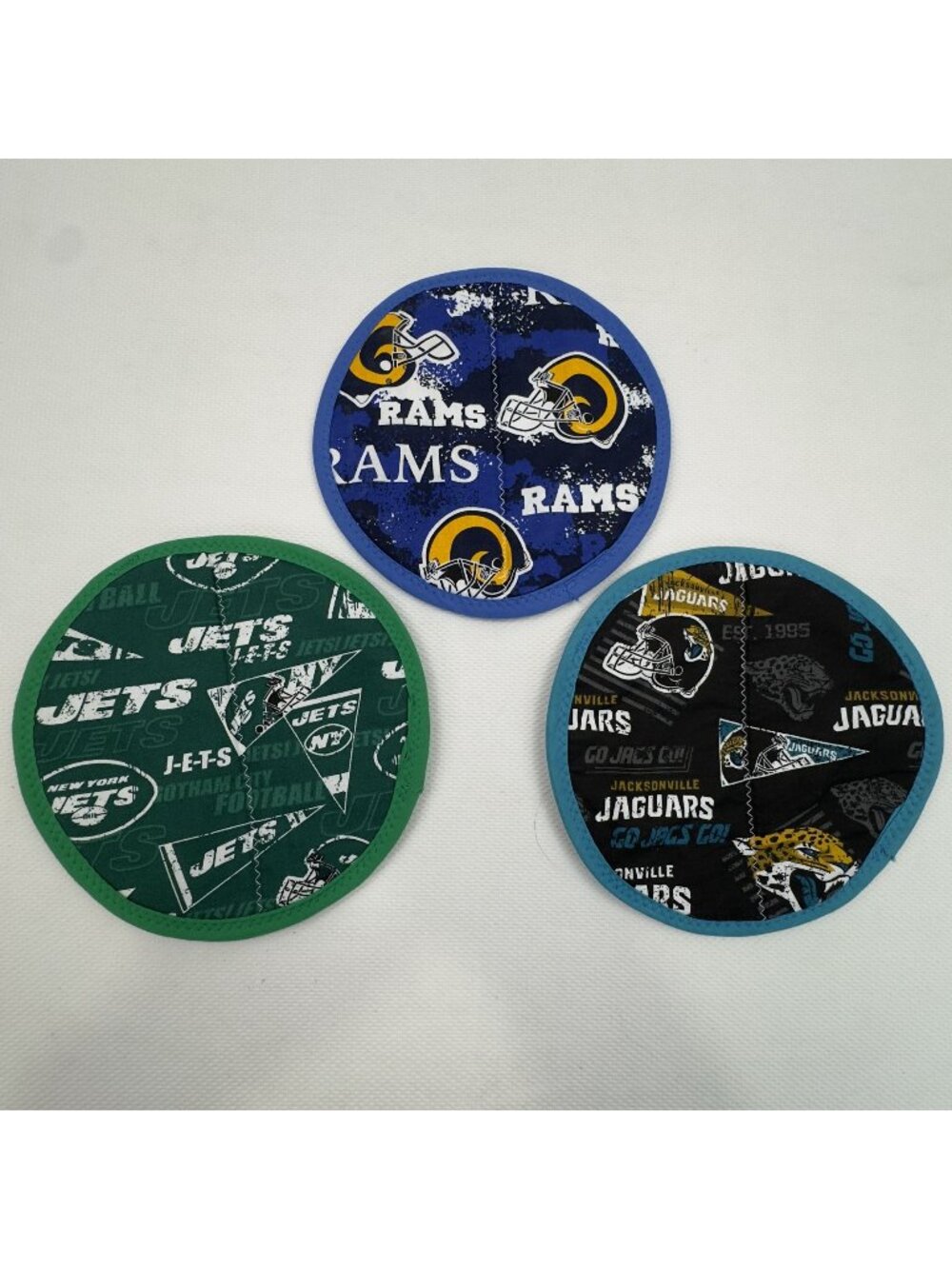 Set Of 3 NFL Team Logo Fabric Potholder Trivet 8" Rams Jaguars Jets Handmade